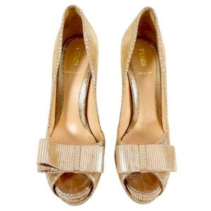 FENDI gold bow peep toe heels